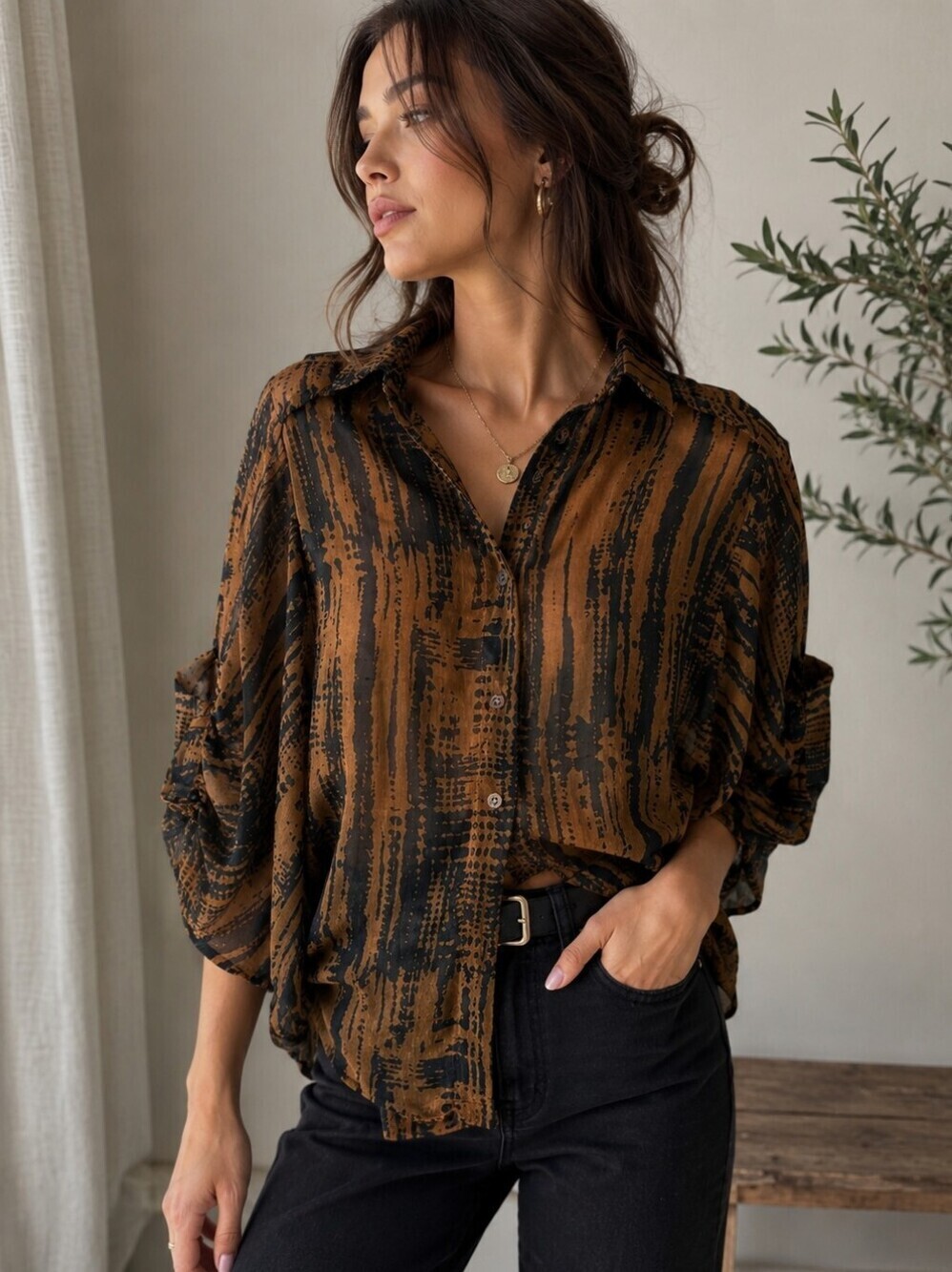 Vintage CERES Brown/Black abstract print sheer button Front top.Size S